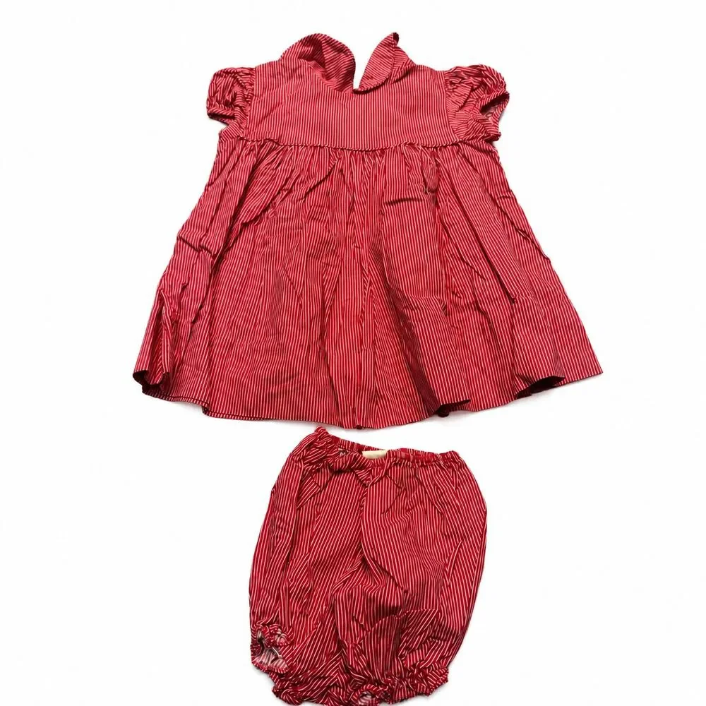 Vintage 80s Clicastro & Co Red Pinstripe Baby Dress Bloomers Set 12-18M USA